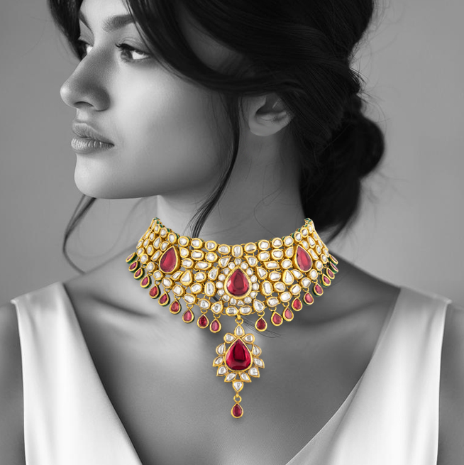 Pink Colourstone Polki Choker with Teardrop Accents